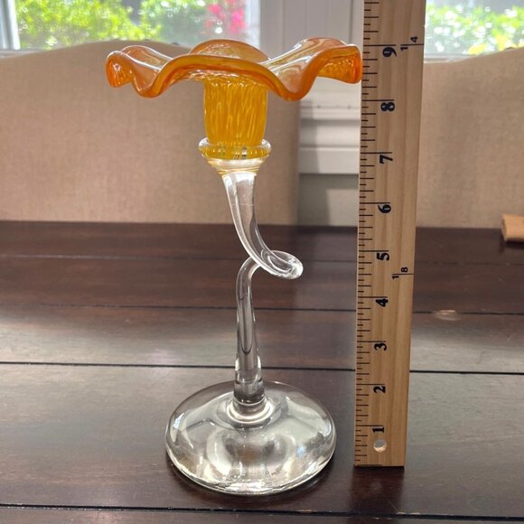 Art Glass Trumpet Candle Holder Swirled-Stem Flared-Rim Flower Orange Clear - Picture 4 of 5